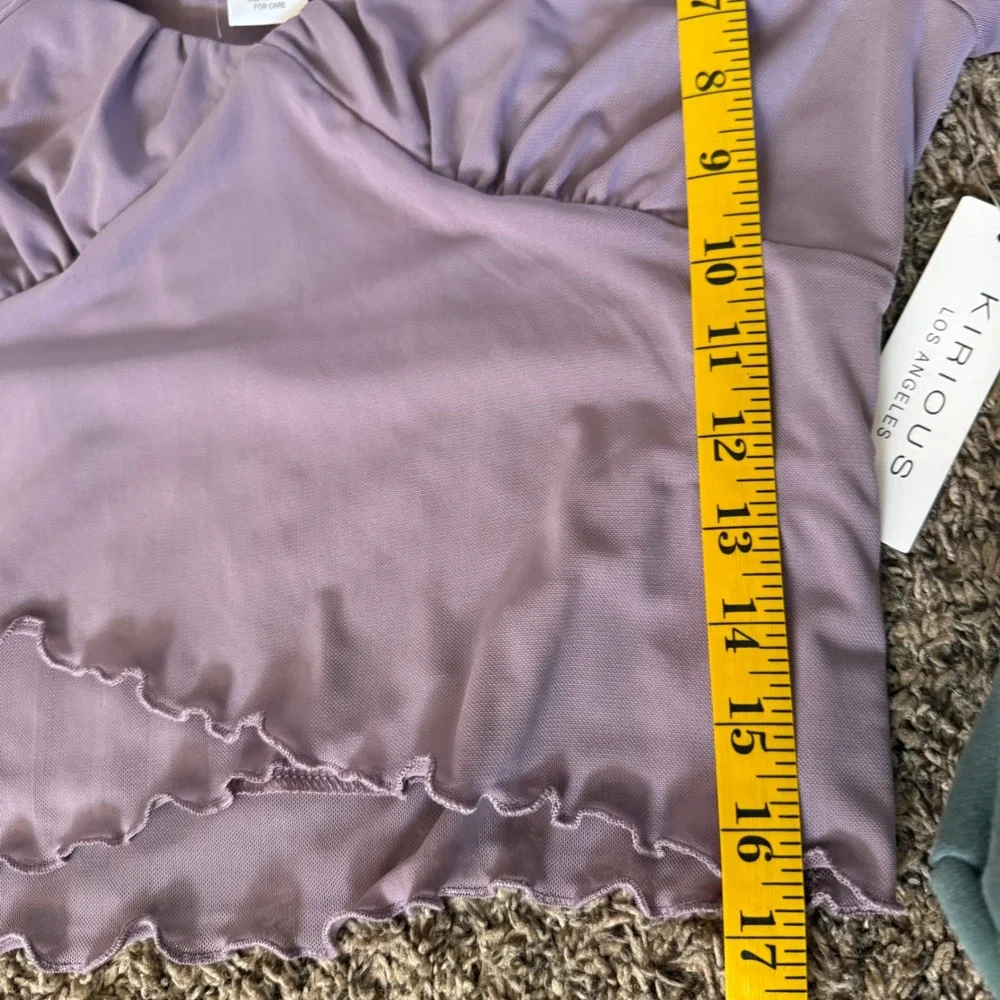 KIRIOUS‎ Los Angeles Purple Ruched Sweetheart Neckline Lettuce Trim Crop Top M